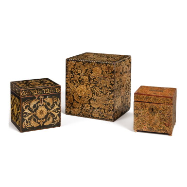 View full screen - View 1 of Lot 720. A GROUP OF THREE REGENCY PENWORK TEA CADDIES, CIRCA 1820.