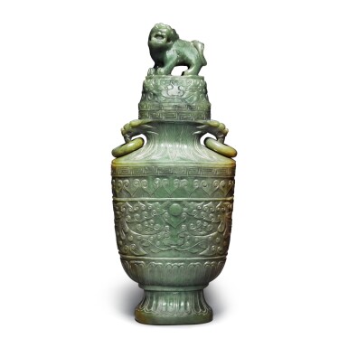 View full screen - View 1 of Lot 167. An archaistic spinach-green jade vase and cover, 20th century.