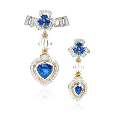 View full screen - View 1 of Lot 928. Sapphire, rock crystal and diamond pendant and brooch.