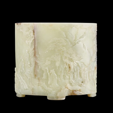 View full screen - View 1 of Lot 3614. A finely carved white jade 'Five Elders' brushpot Mark and period of Qianlong | 清乾隆 白玉五老觀潮圖筆筒 《乾隆年製》款.
