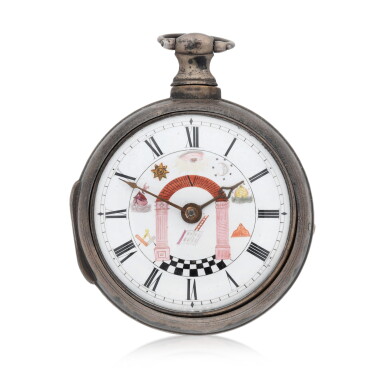 View full screen - View 1 of Lot 197. English No. 1942 A silver pair-cased verge watch with polychrome enamel painted Masonic dial 1814.