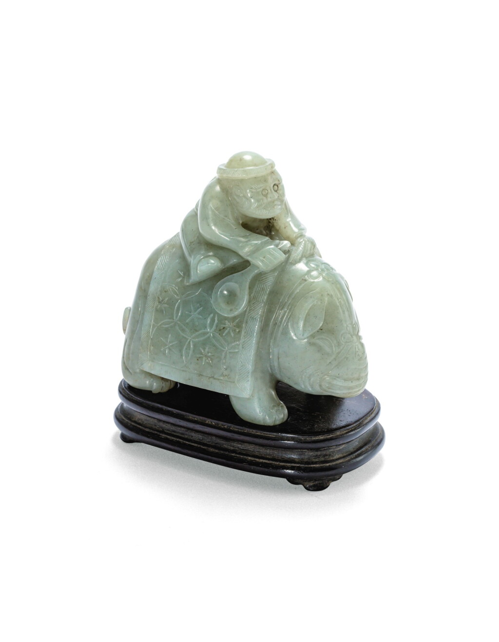 View full screen - View 1 of Lot 215. Statuette d'un éléphant et son cornac en jade céladon Dynastie Qing | 清 青白玉胡人騎象擺件 | A celadon jade 'foreigner on an elephant' group, Qing Dynasty.