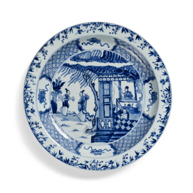 View full screen - View 1 of Lot 626. A blue and white 'Romance of the Western Chamber' charger, Qing dynasty, 19th century | 清十九世紀 青花西廂記圖盤.