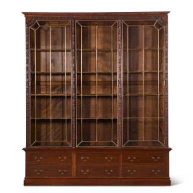 View full screen - View 1 of Lot 77. Two George II style carved mahogany library bookcases, ensuite, circa 1910.