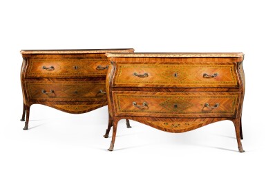 View full screen - View 1 of Lot 120. A pair of South Italian gilt-bronze mounted rosewood and kingwood marquetry commodes, Naples, circa 1760.