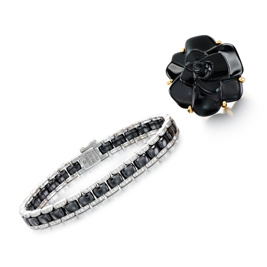 View full screen - View 1 of Lot 114. Black ceramic and diamond bracelet, 'Ultra' and an onyx ring, 'Camélia'.