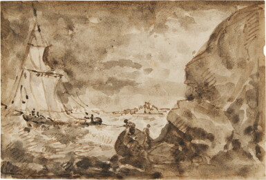View full screen - View 1 of Lot 301. A ship in heavy weather, near a rocky cliff.