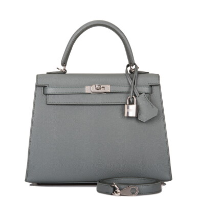 View full screen - View 1 of Lot 86. HERMÈS | VERT AMANDE SELLIER KELLY 25CM OF EPSOM LEATHER WITH PALLADIUM HARDWARE.
