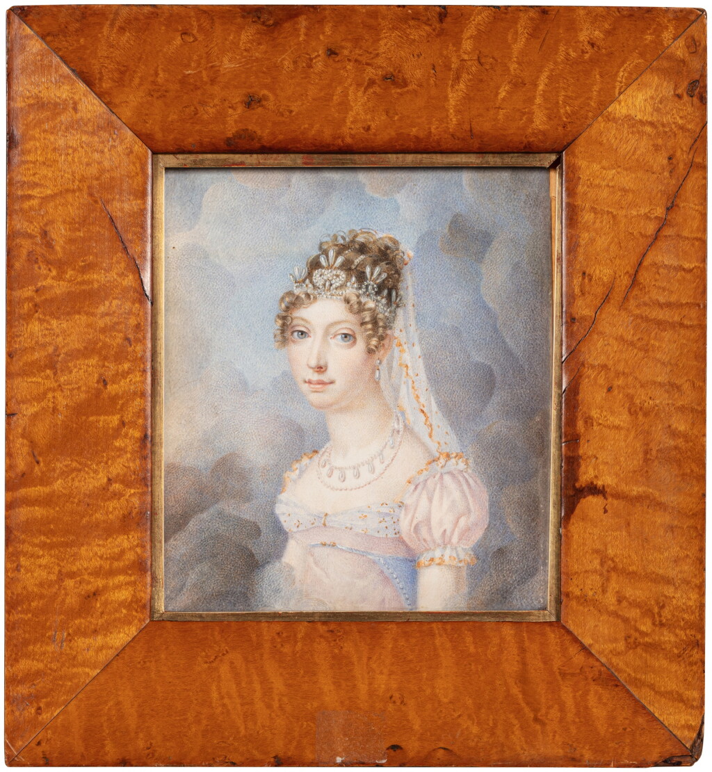View full screen - View 1 of Lot 834. A portrait miniature of the Marie Caroline, Duchess of Berry, attributed to Auguste Garnerey, French, circa 1816 | Portrait miniature de Marie Caroline, duchesse de Berry, attribué à Auguste Garnerey, France, vers 1816.