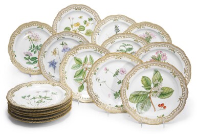 View full screen - View 1 of Lot 151. SIXTEEN ROYAL COPENHAGEN 'FLORA DANICA' LARGE RETICULATED DINNER PLATES, MODERN.