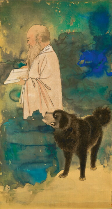 View full screen - View 1 of Lot 8003. Zhang Daqian, Self Portrait with a Tibetan Mastiff ︳張大千 自畫像與黑虎.