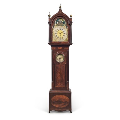 View full screen - View 1 of Lot 582. The David Rittenhouse Federal Inlaid and Figured Mahogany and Walnut Tall Case Clock, Case made in Philadelphia, Pennsylvania, Works probably of English origin, Circa 1800.