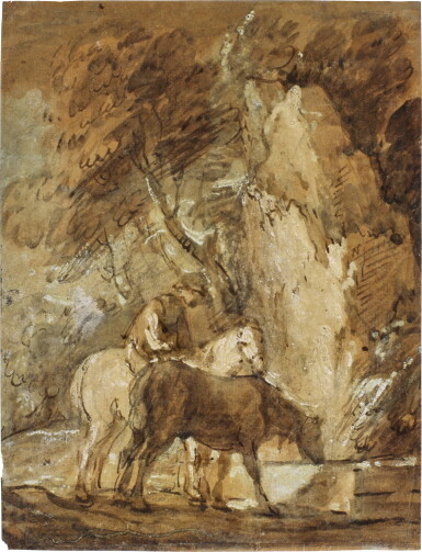 View full screen - View 1 of Lot 41. Wooded landscape with horseman and horse drinking at a trough.