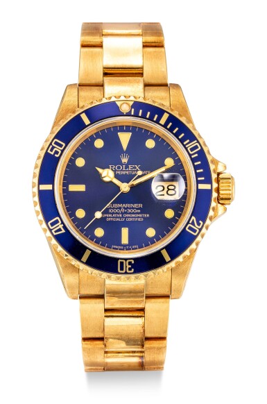 View full screen - View 1 of Lot 8017. ROLEX | SUBMARINER REFERENCE 16618 | A YELLOW GOLD WRISTWATCH WITH DATE AND BRACELET, CIRCA 1990 | 勞力士 | Submariner 型號16618 黃金鏈帶腕錶,備日期顯示,約1990年製.