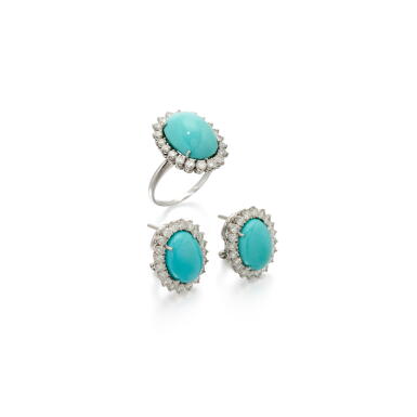 View full screen - View 1 of Lot 211. Turquoise and diamond ear clips and a ring (Anello e orecchini in turchesi e diamanti).