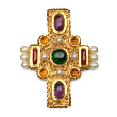 View full screen - View 1 of Lot 1369. Multicolour Gripoix and Imititation Pearl Byzantine Pendant Brooch Gold Hardware, 1984.