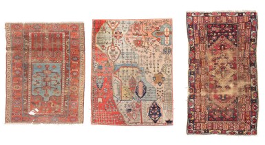 View full screen - View 1 of Lot 380. Lot including a Kula and Ladik prayer carpets, Western Anatolia, circa 1800, and a "Mohtashem" style of Kashan carpet fragment, Persian, circa 1888.