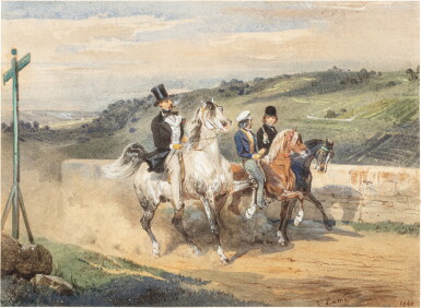View full screen - View 1 of Lot 195. Horace Vernet on horseback with two young horsemen | Horace Vernet à cheval avec deux jeunes cavaliers.