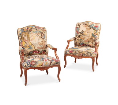 View full screen - View 1 of Lot 45. A pair of Louis XV carved beechwood fauteuils, mid 18th century Paire de fauteuils en hêtre sculpté d'époque Louis XV, milieu du XVIIIeme siècle.