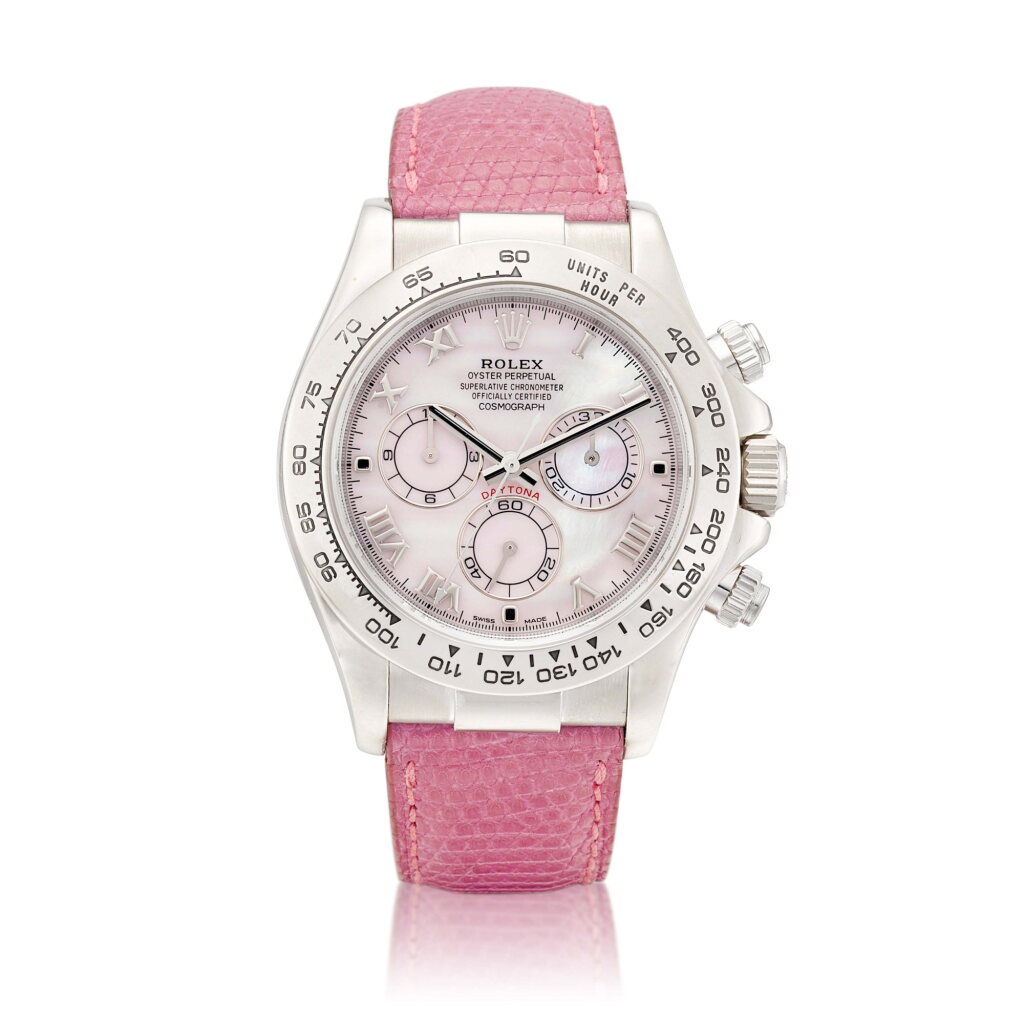View full screen - View 1 of Lot 2121. Cosmograph Daytona "Beach", Reference 116519 | A white gold chronograph wristwatch with pink mother-of-pearl dial, Circa 2000 | 勞力士 | Cosmograph Daytona "Beach" 型號116519 | 白金計時腕錶,備粉紅色珠母貝錶盤,約2000年製.