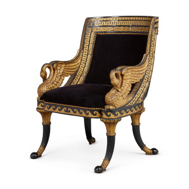 View full screen - View 1 of Lot 273. A Neoclassical Carved, Ebonised and Parcel Gilt Fauteuil En Gondole in the manner of Jacob-Desmalter, Possibly American, late 19th Century.