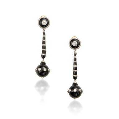 View full screen - View 1 of Lot 314. Pair of Onyx and Diamond Pendant-Earclips.