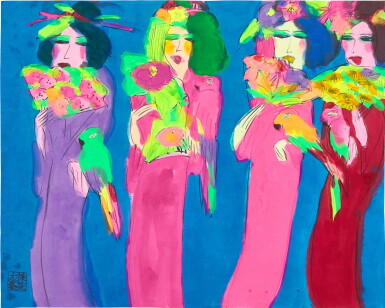 View full screen - View 1 of Lot 2034. Walasse Ting 丁雄泉 | Ladies with parrots 女人與鸚鵡.