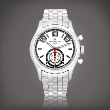 View full screen - View 1 of Lot 2156. Reference 5960 | A stainless steel annual calendar flyback chronograph wristwatch with power reserve, day and night indication and bracelet, Circa 2016 | 百達翡麗 | 型號5960 | 精鋼年曆飛返計時鏈帶腕錶,備動力儲備及晝夜顯示,約2016年製.