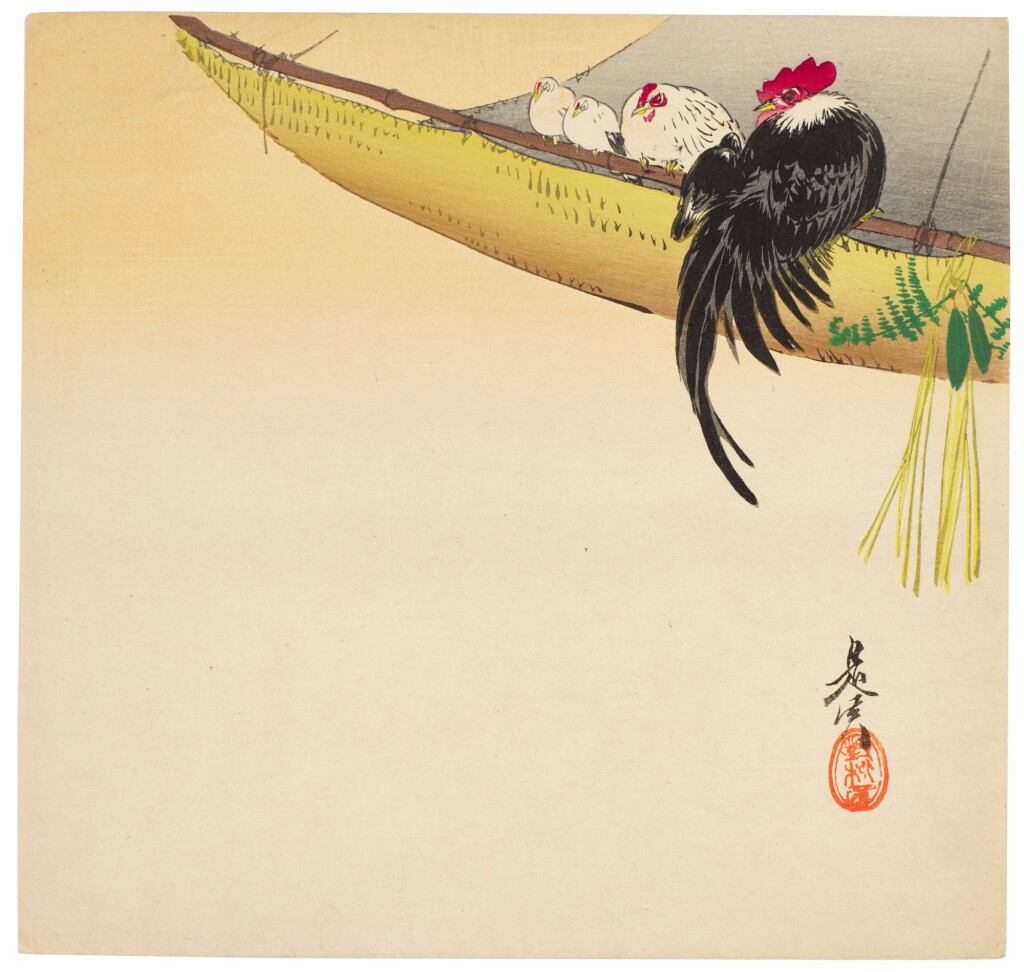 View full screen - View 1 of Lot 115. Shibata Zeshin (1807-1891) A cockerel, hen and chicks on a straw hanging with auspicious New Year's decoration, Meiji period, late 19th - early 20th century.