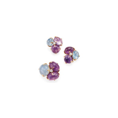 View full screen - View 1 of Lot 305. SAPPHIRE, AMETHYST AND DIAMOND RING AND PAIR OF EARCLIPS.