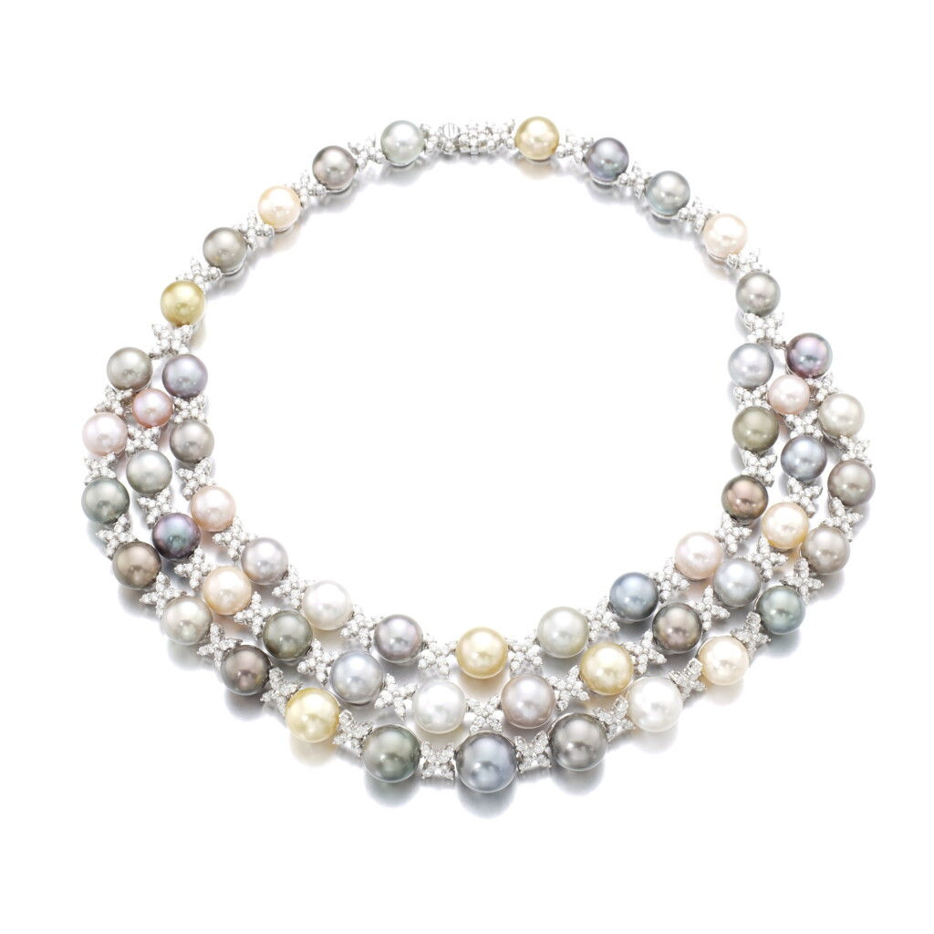 View full screen - View 1 of Lot 424. CULTURED PEARL AND DIAMOND NECKLACE.
