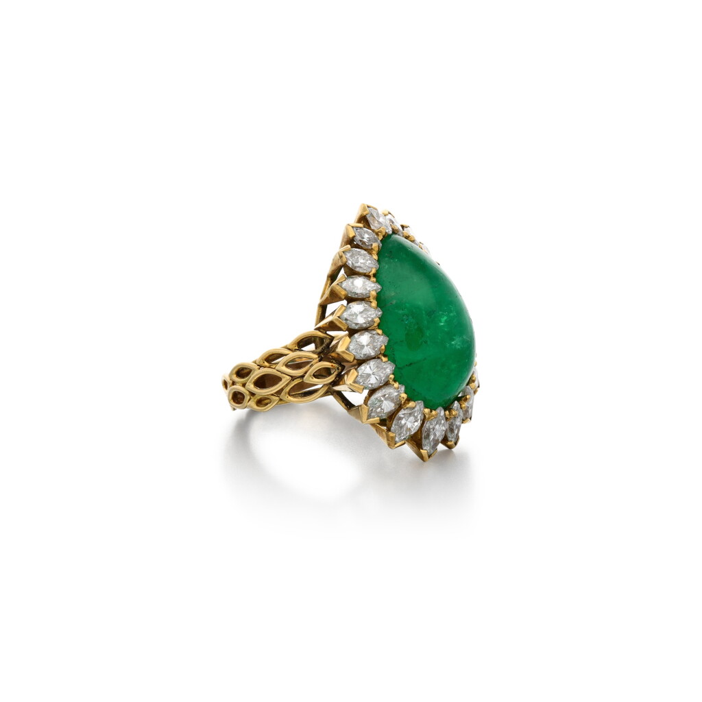 View full screen - View 1 of Lot 127. Emerald and diamond ring, 1968.