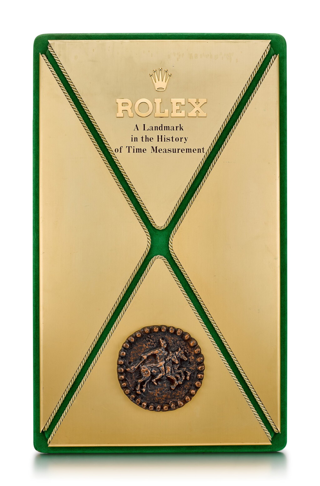 View full screen - View 1 of Lot 8092. ROLEX | A GILT BRASS AND LEATHER DISPLAY, CIRCA 1970.