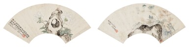 View full screen - View 1 of Lot 589. Ju Chao 1811-1865 Flowers and Worms | 居巢 1811-1865 花石蟲草 設色紙本 扇面二幀.