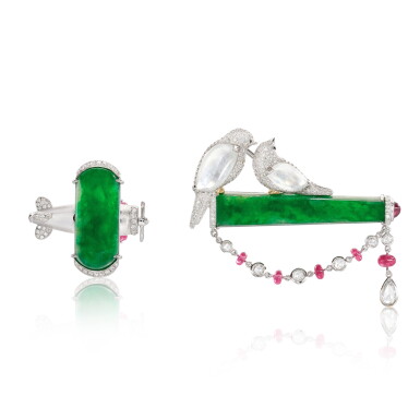 View full screen - View 1 of Lot 2948. Jadeite, Ruby and Diamond Brooch and Pendant | 天然翡翠 配 紅寶石 及 鑽石 胸針 及 掛墜.