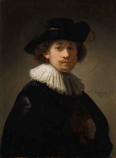 View full screen - View 1 of Lot 12. REMBRANDT HARMENSZ. VAN RIJN | SELF-PORTRAIT OF THE ARTIST, HALF-LENGTH, WEARING A RUFF AND A BLACK HAT.