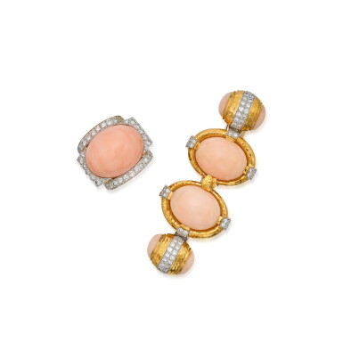 View full screen - View 1 of Lot 131. Gold, Coral and Diamond Ring and Pendant-Brooch.
