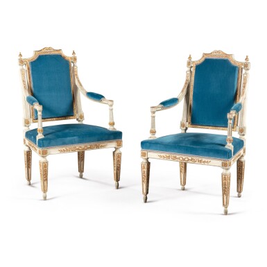 View full screen - View 1 of Lot 371. A pair of Charles IV neoclassical, painted and parcel-gilts armchairs, Spain, circa 1800 | Paire de fauteuils néoclassique en bois peint et doré d’époque Charles IV, Espagne, vers 1800.