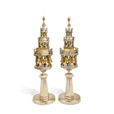 View full screen - View 1 of Lot 16. A Pair of Parcel-Gilt Silver Tower-Form Torah Finials, 20th Century.