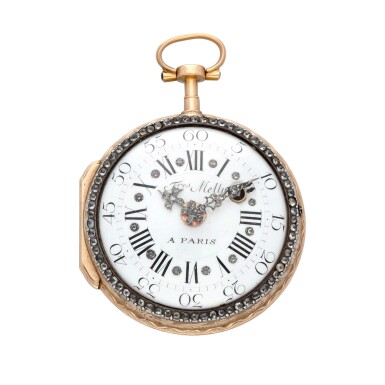 View full screen - View 1 of Lot 23. A diamond-set gold and enamel watch with skeletonized back, reputedlt presented to Napoleon Bonaparte when he passed out as an artillery officer in 1785, circa 1785 | Montre en or, diamants et email avec fond squelette, par réputation offerte à Napoléon Bonaparte à la fin de sa formation d'officier d'artillerie vers 1785.