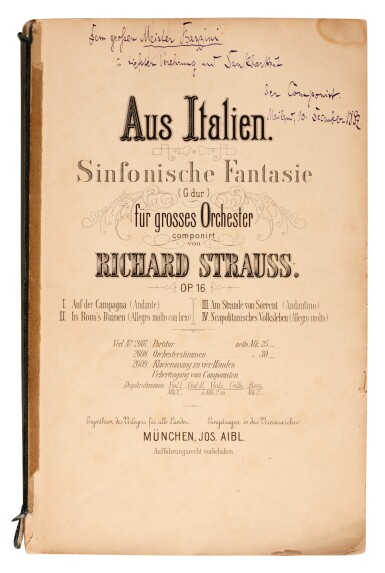 View full screen - View 1 of Lot 88. R. Strauss. Eight first and early editions, five signed and inscribed by the composer, 1887-1927 .