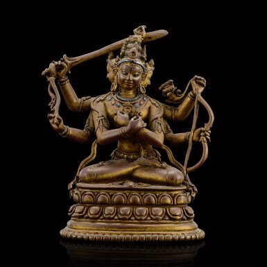 View full screen - View 1 of Lot 101. A copper and silver-inlaid copper alloy figure of Manjuvajra Eastern India, Pala, 12th century| 十二世紀 東印度帕拉銅錯銀文殊金剛像.