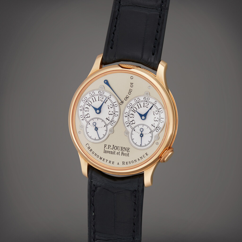 View full screen - View 1 of Lot 210. Chronomètre à Résonance | A pink gold dual time zone wristwatch with power reserve indication and brass movement, Circa 2002.