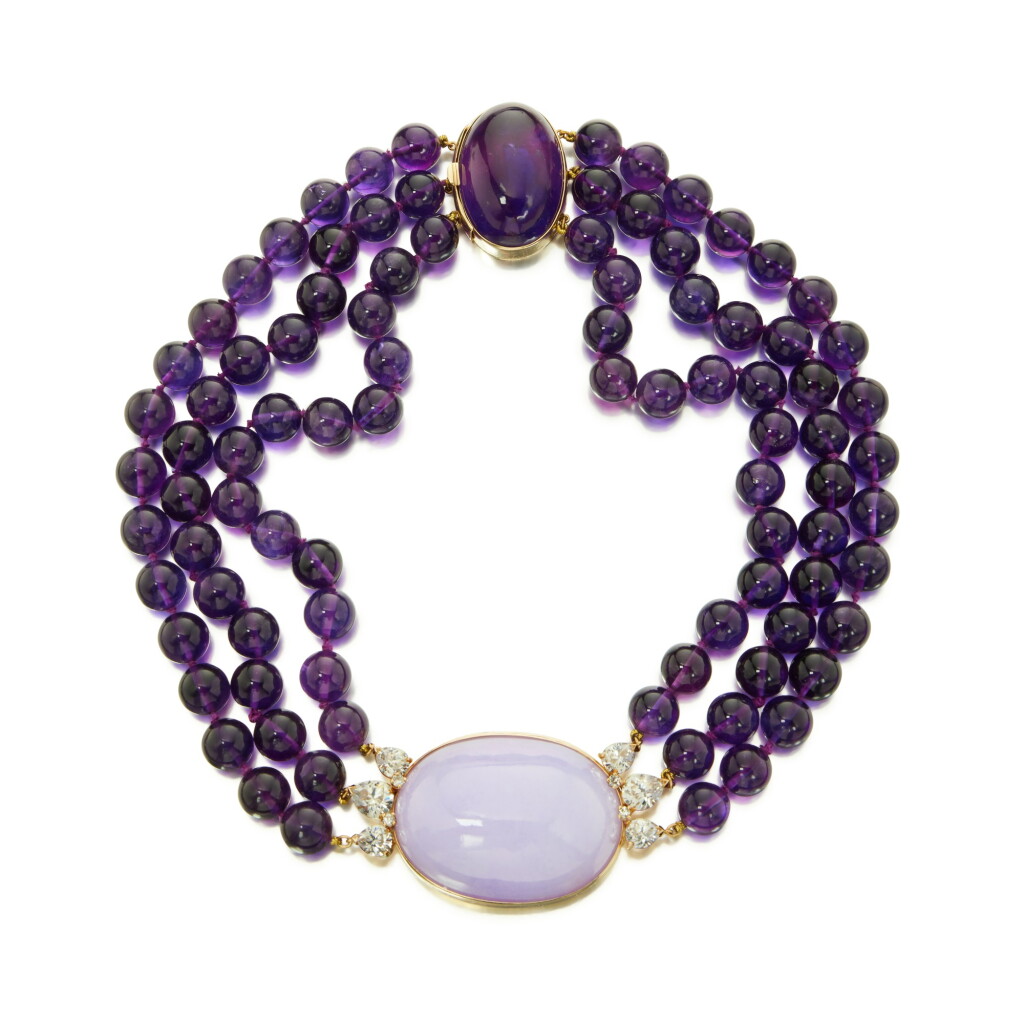 View full screen - View 1 of Lot 530. Amethyst, Lavender Jade, Diamond and Simulated Diamond Necklace .
