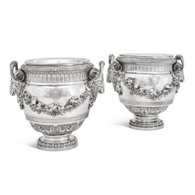 View full screen - View 1 of Lot 28. A highly important pair of French silver wine coolers, Robert-Joseph Auguste, Paris, 1766/67; the detachable rims and liners John Bridge for Rundell, Bridge & Rundell, London 1831.