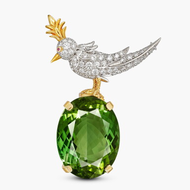 View full screen - View 1 of Lot 1691. Green Tourmaline, Diamond and Pink Sapphire 'Bird on a Rock' Brooch | 蒂芙尼 Schlumberger 設計 | 綠色碧璽 配 鑽石 及 粉紅色剛玉 ‘Bird on a Rock’ 胸針.