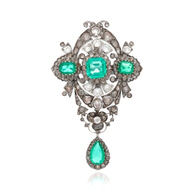 View full screen - View 1 of Lot 302. Emerald and diamond brooch/pendant.