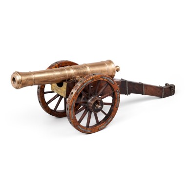 View full screen - View 1 of Lot 37. A Late 18th-Century English Bronze Cannon Model on a Steel-Mounted Walnut Carriage, dated 1782.