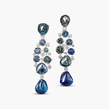 View full screen - View 1 of Lot 1667. Pair of Sapphire, Coloured Sapphire and Diamond Pendent Earrings | 卡地亞 | 藍寶石 配 彩色藍寶石 及 鑽石 耳墜一對.
