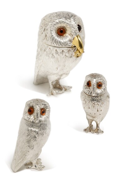 View full screen - View 1 of Lot 345. An English Silver Owl-Form Condiment Set, William Comyns, London, 1961.